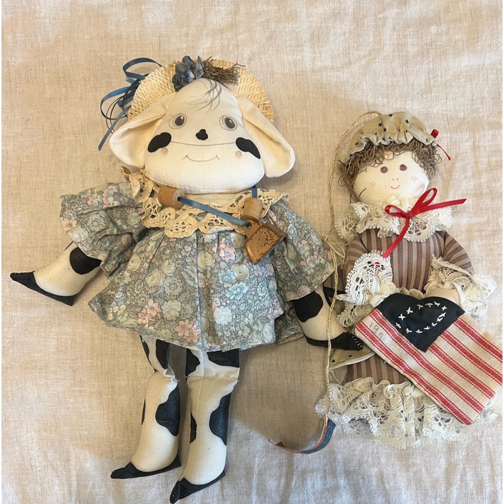 vintage 1991 Cow Shelf Sitter and American lady  Decorative stuffed figures